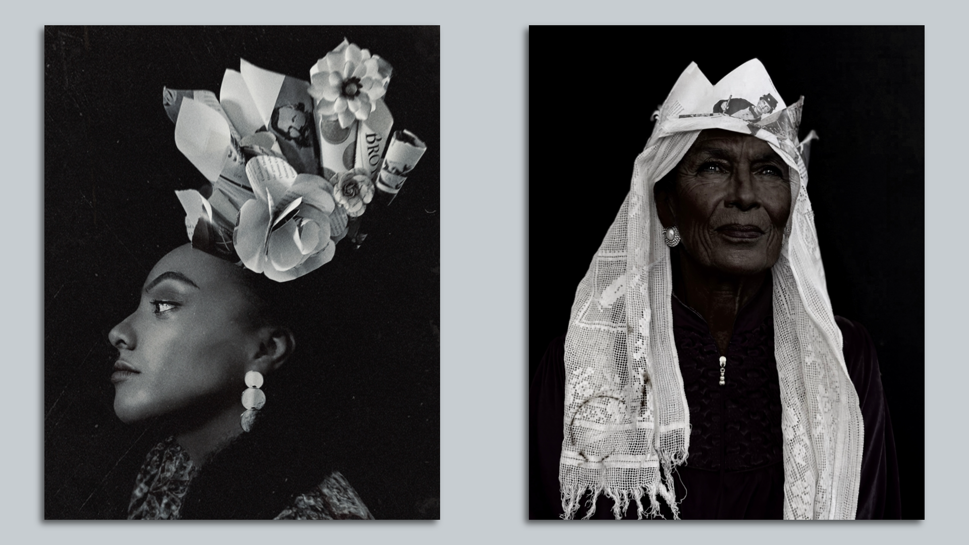 Two black and white portraits of women wearing paper garments on their heads. 