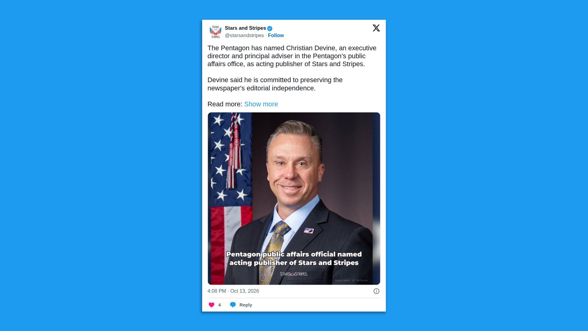 Screenshot of a Stars and Stripes tweet on a blue background announcing a Pentagon public affairs official; shows a smiling man in a suit with the American flag behind him.