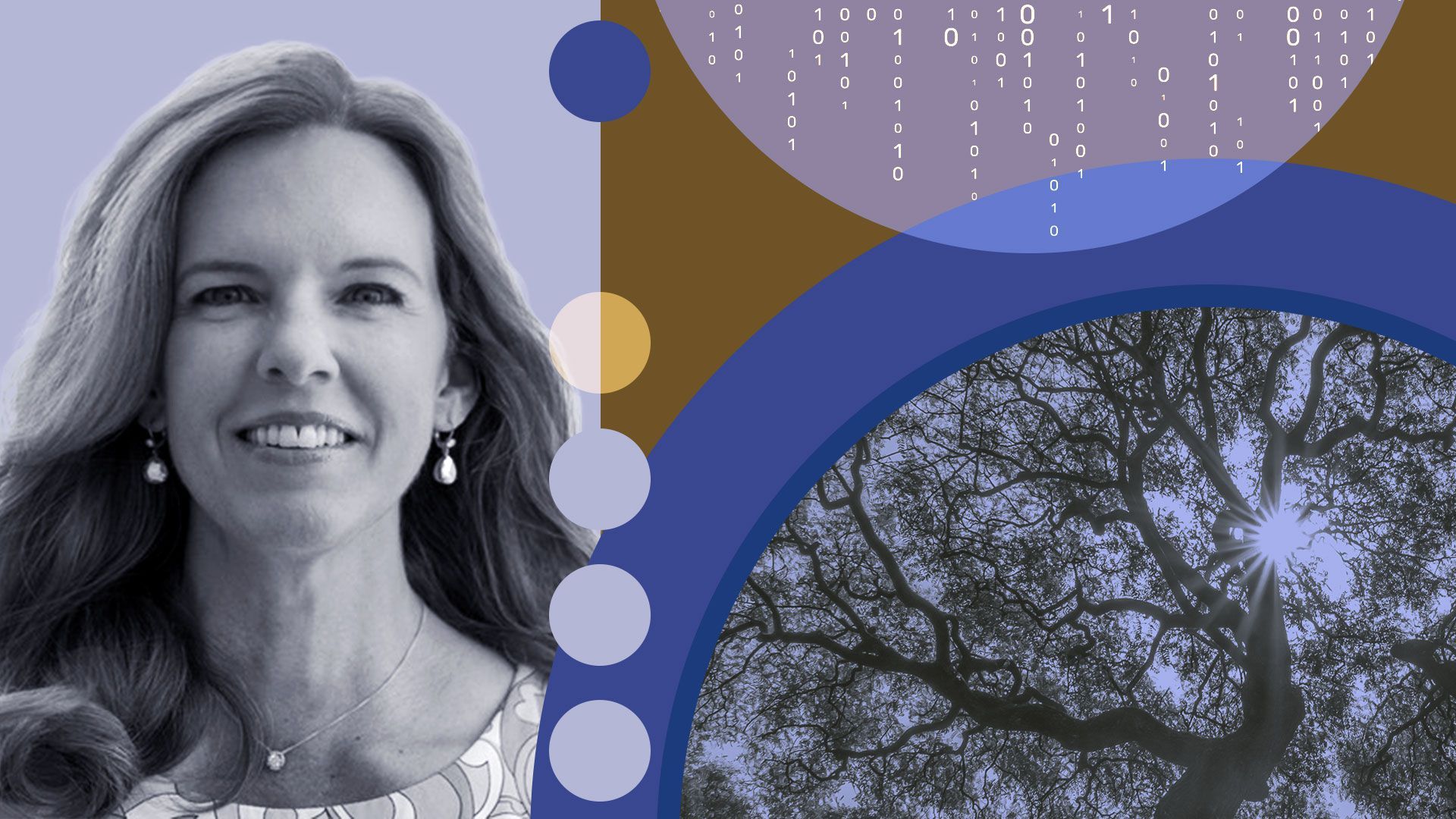 Photo illustration of Amy Francetic with images of a tree, binary code, and abstract shapes.