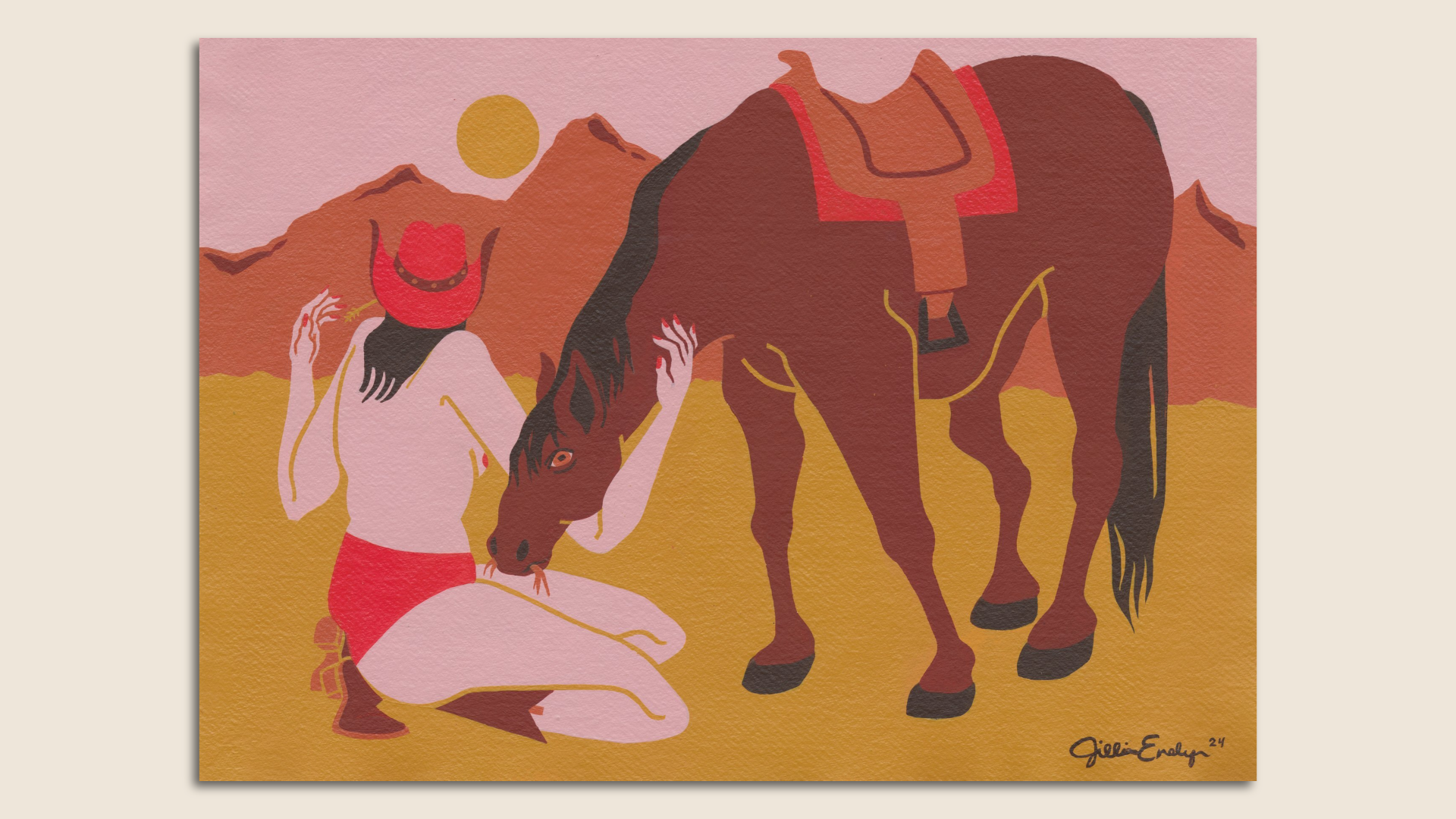 A screenprint showing a topless woman with her back to the viewer caressing a horse in a desert landscape. 