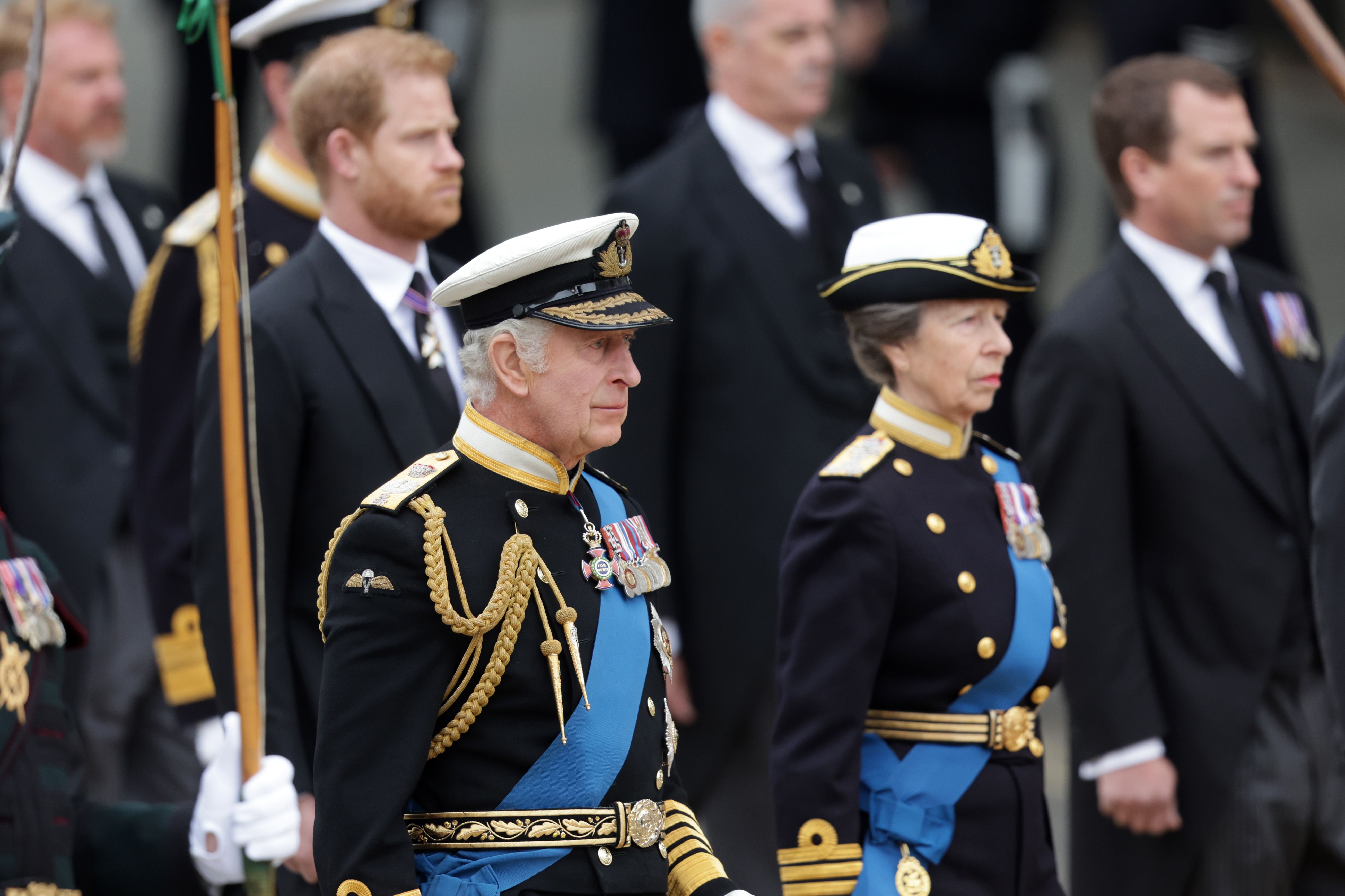  King Charles III and Princess Anne arrive at Westminster Abbey.