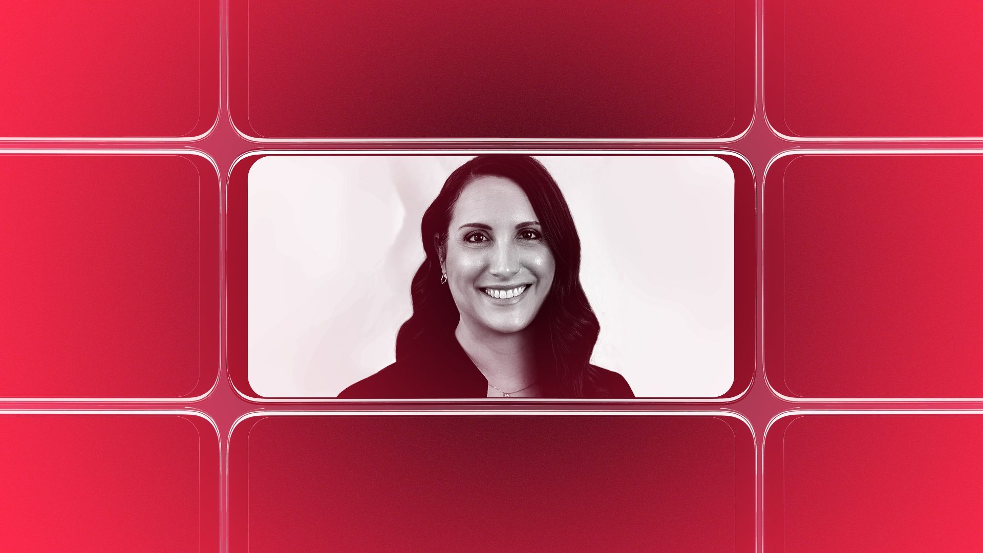 Photo illustration of a grid of smartphone screens, the center one showing an image of Maura Sheffler.