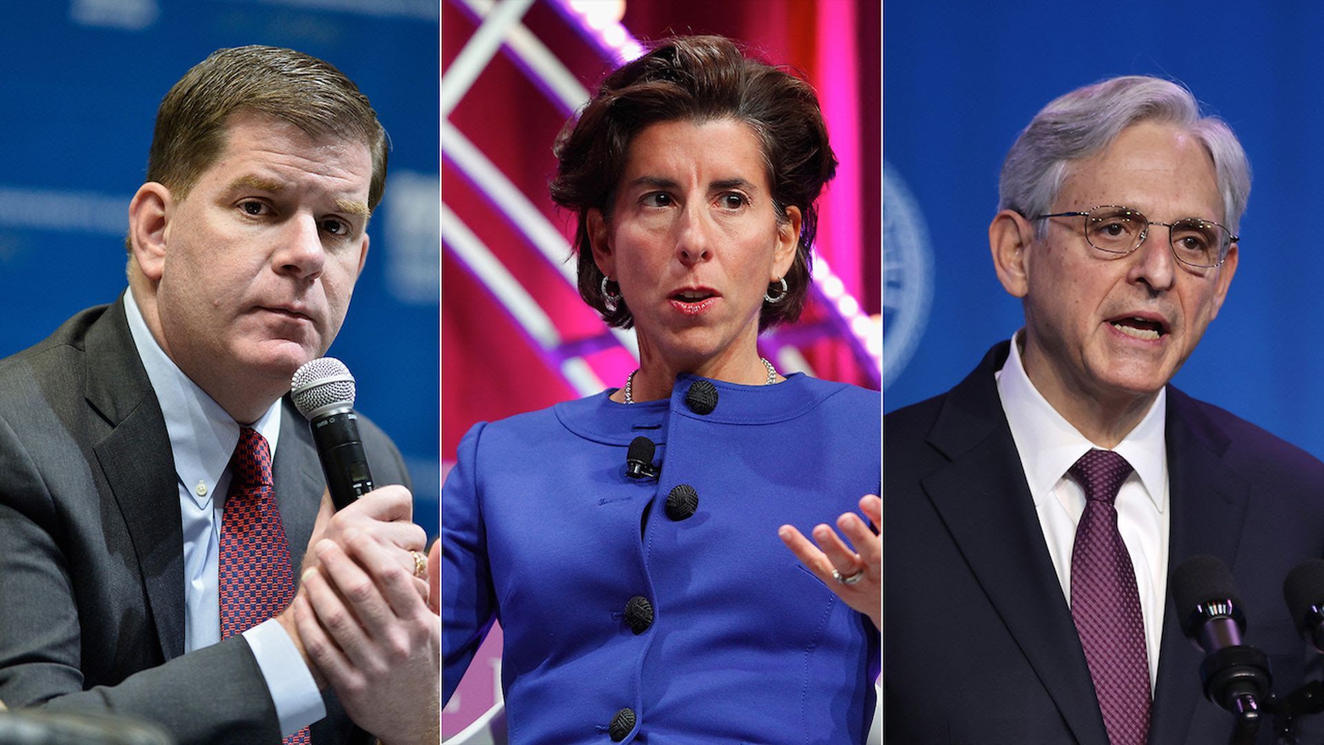Marty Walsh, Gina Raimondo, Merrick Garland (from l to r). Getty Images photos: Paul Morigi, Paul Marotta, and Chip Somodevilla