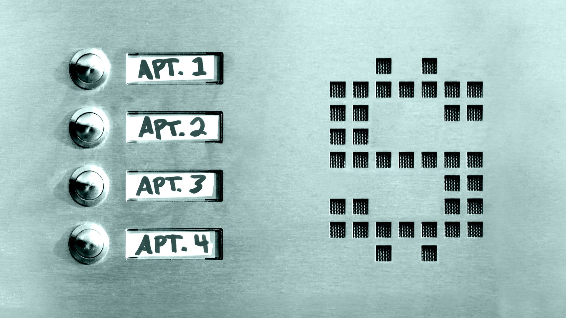 Illustration of apartment doorbells with an intercom shaped like a dollar sign.