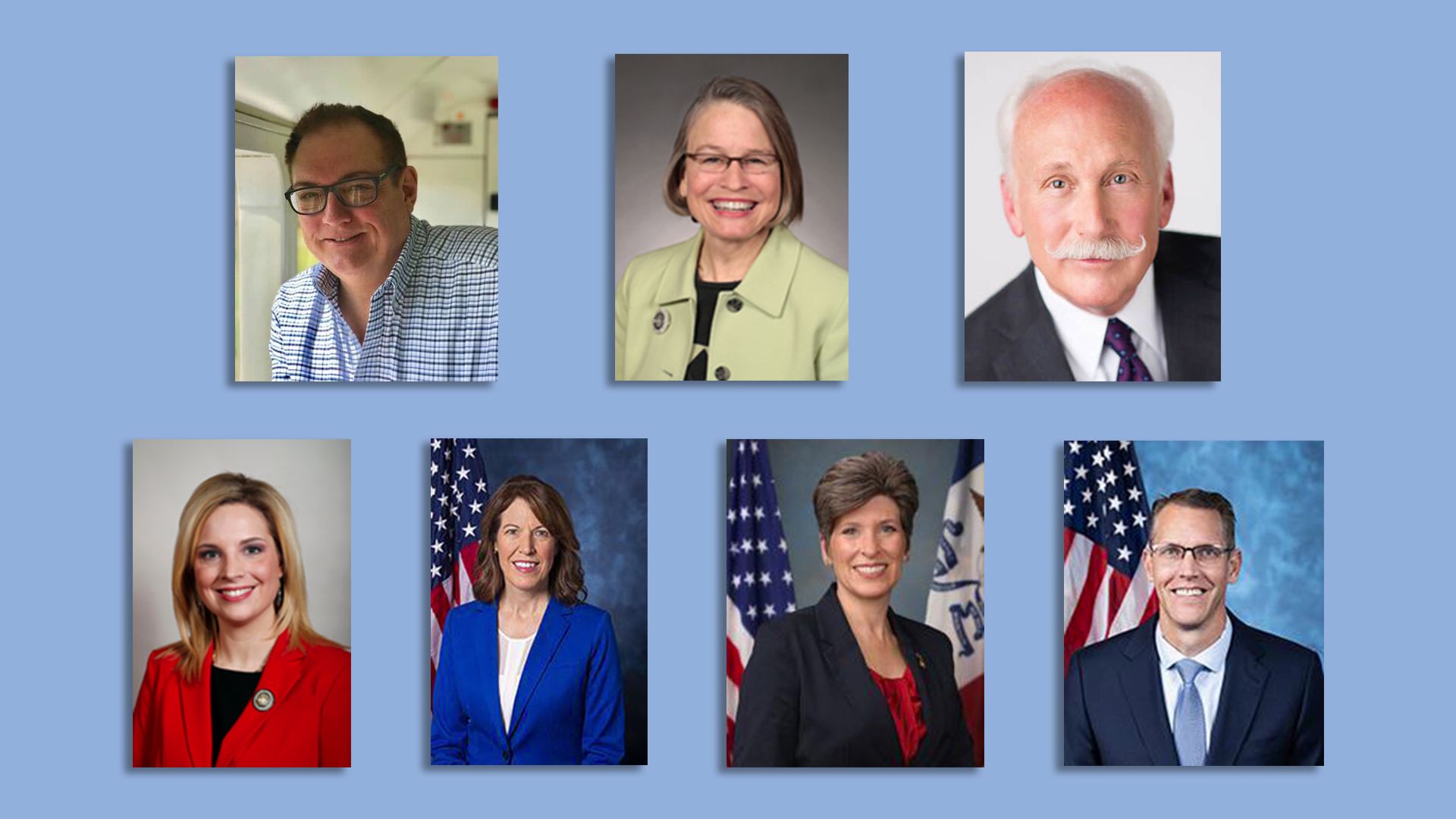Seven headshots. Top: Rich Eychaner, Rep. Mariannette Miller-Meeks, Leon Spies. Bottom: Rep. Ashley Hinson, Rep. Cindy Axne, Sen. Joni Ernst, Rep. Randy Feenstra.