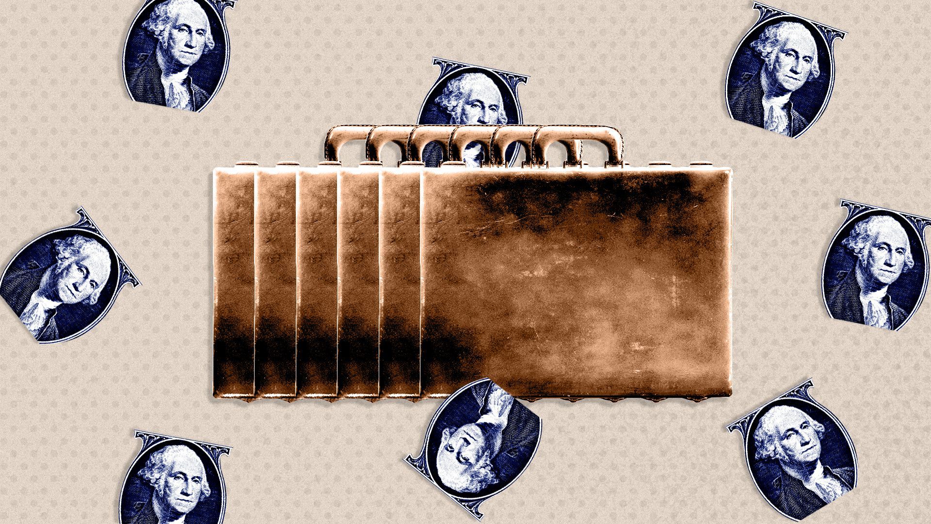 Illustrated collage of a briefcase and George Washington cut out of a one dollar bill. 