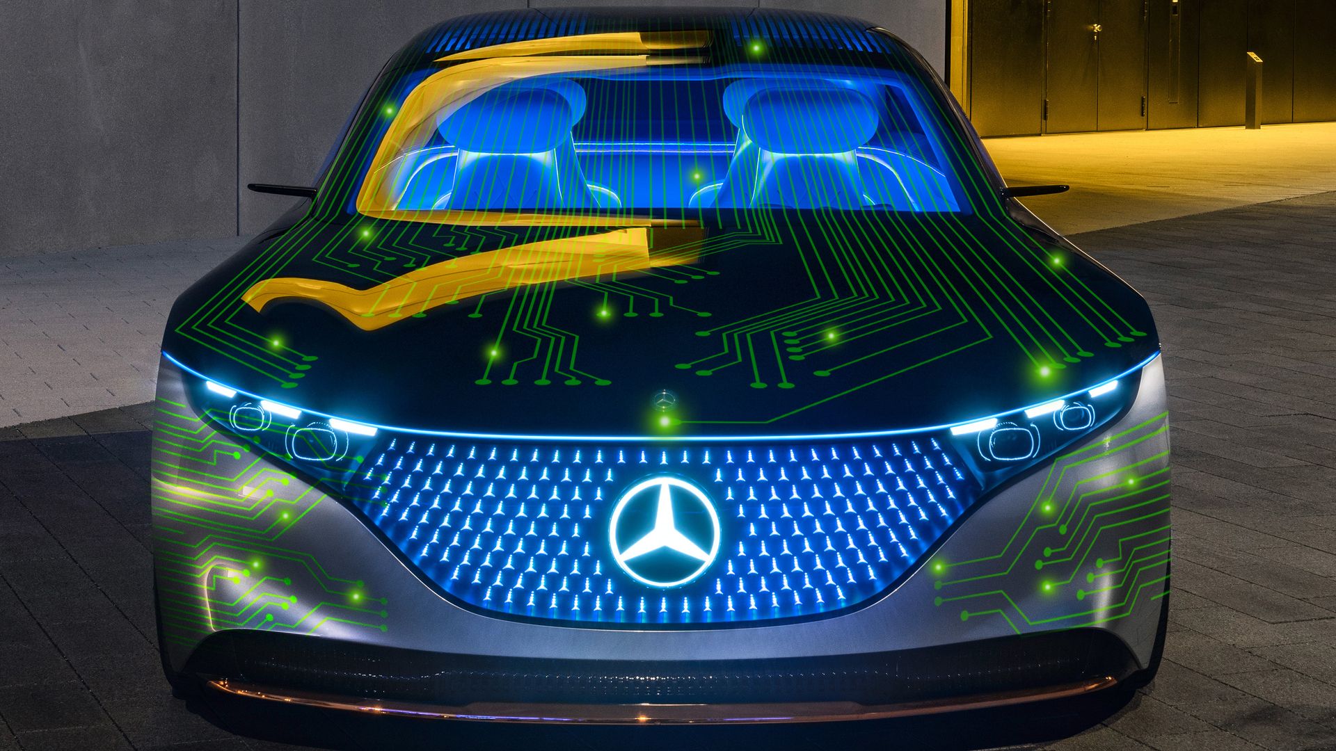 Photo illustration of a Mercedes Benz with green electrical current running through it.