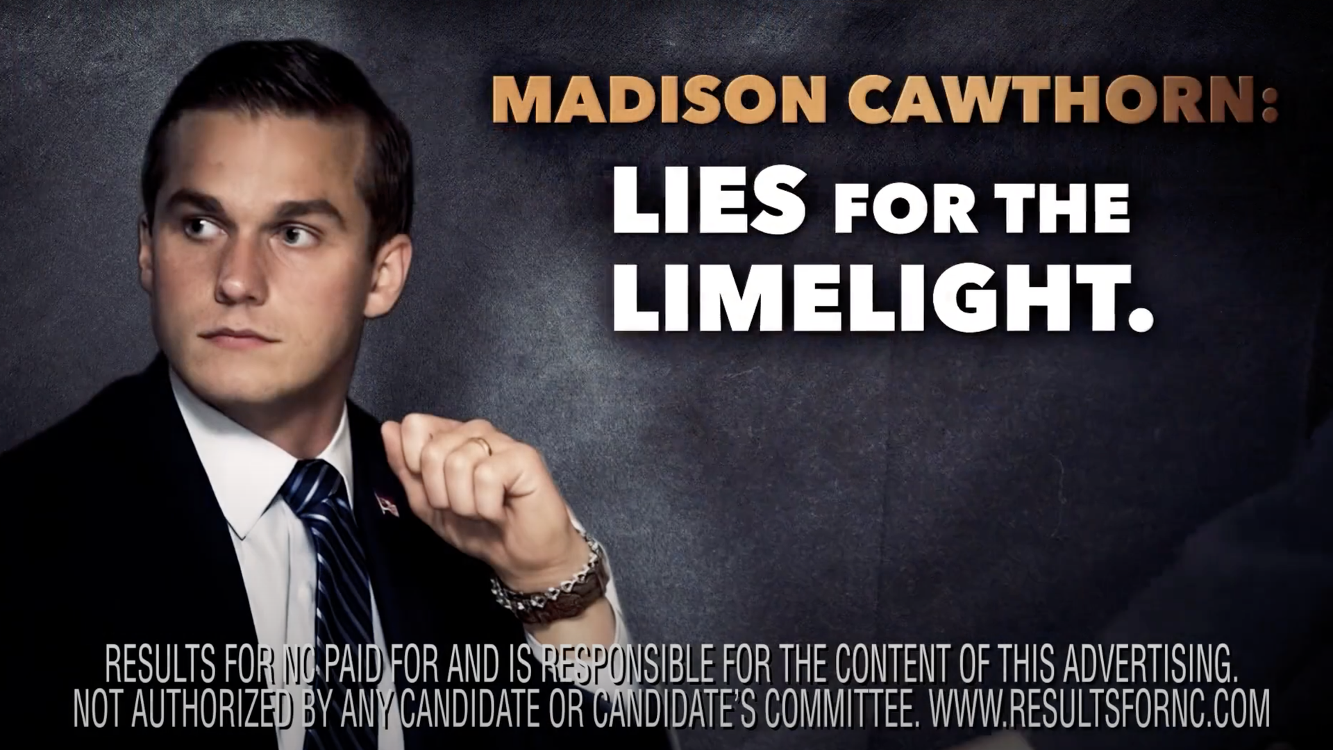A screenshot of super pac Results for NC's ad hitting Madison Cawthorn's "lies"