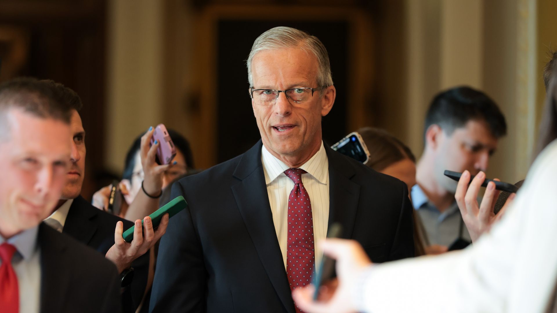 WASHINGTON, DC - JUNE 23: U.S. Senate Majority Leader John Thune (R-SD) speaks to reporters after leaving the Senate Chambers in the U.S. Capitol on June 23, 2025 in Washington, DC. Senators convened after the weekend, two days after U.S. President Donald Trump launched U.S. airstrikes on Iran. (Pho
