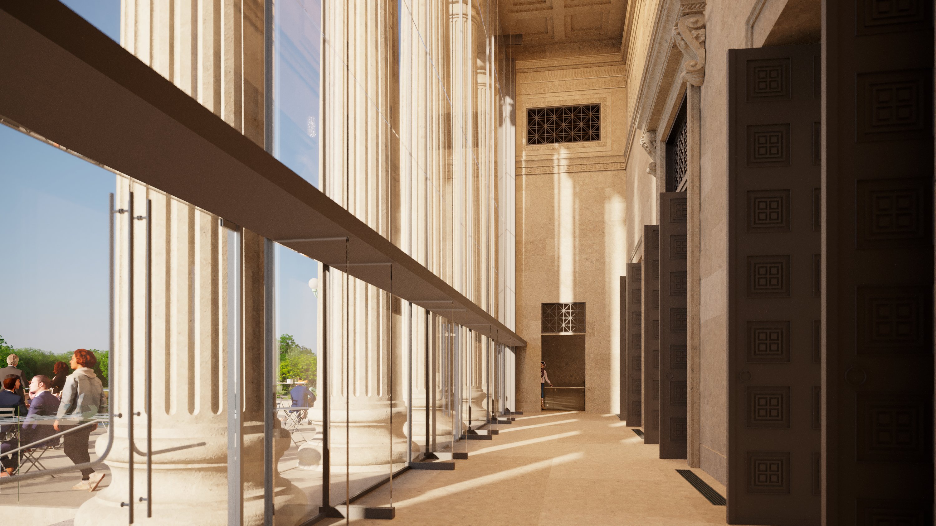 Interior of building with glass and columns on outside.
