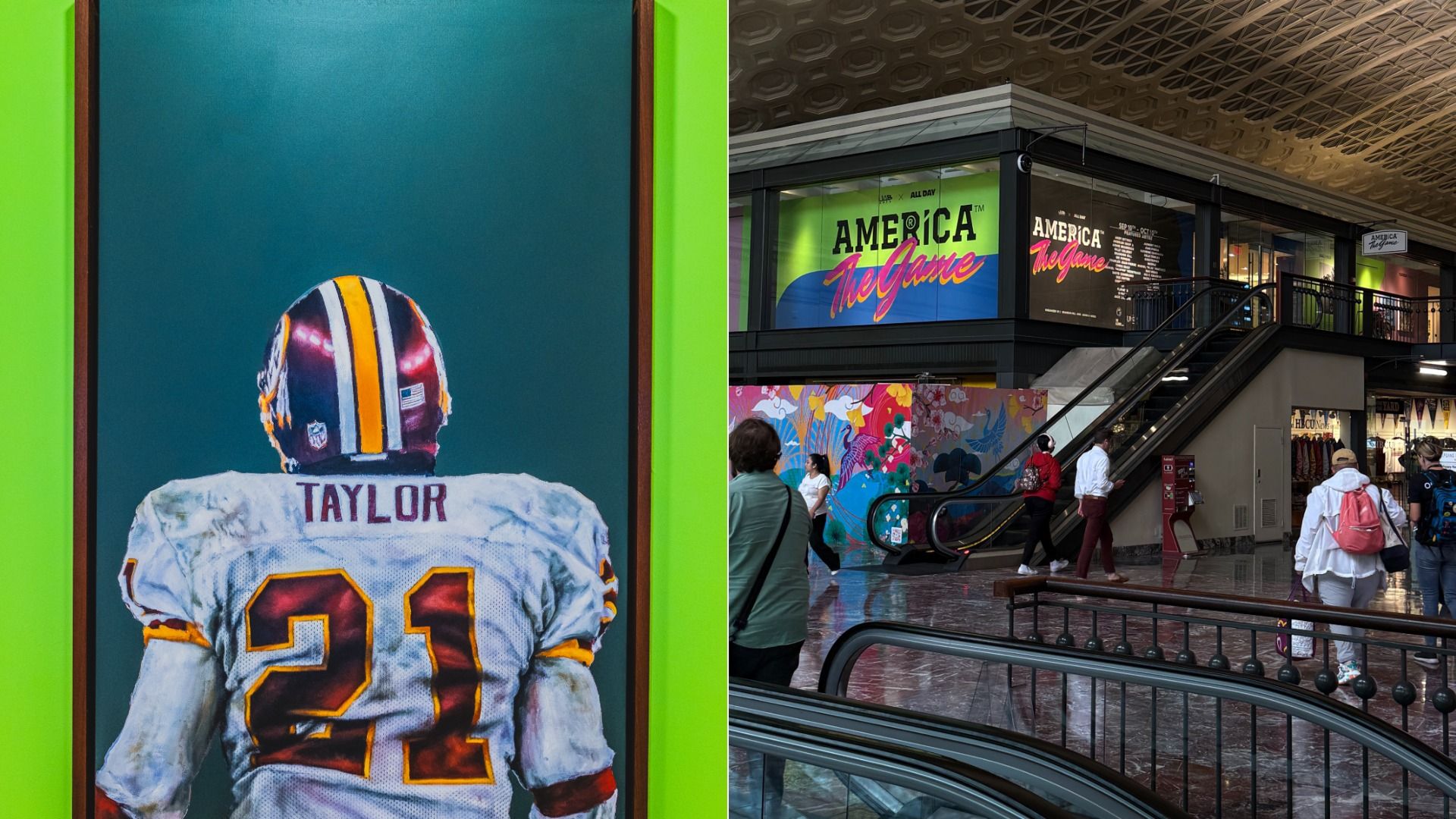 Split image: left lime-green frame with a football poster showing Taylor and number 21. Right a mall interior with escalators and a large "America The Game" display.