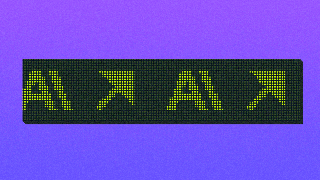Animated illustration of alternating pixelated Anthropic logos and up arrows moving from right to left across a digital stock ticker.