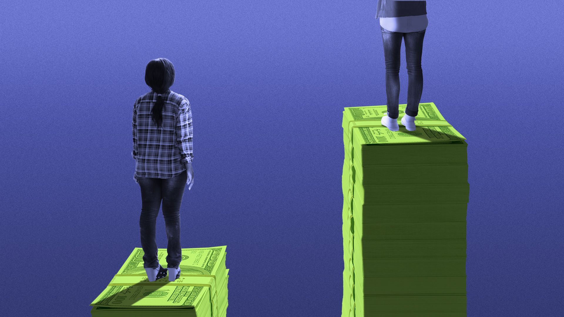 Illustration of a woman on a small stack of money next to a woman on a much larger stack of money
