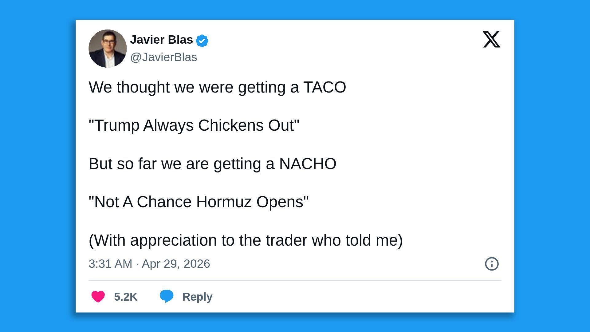 A screenshot of Bloomberg oil analyst Javier Blas' twitter feed