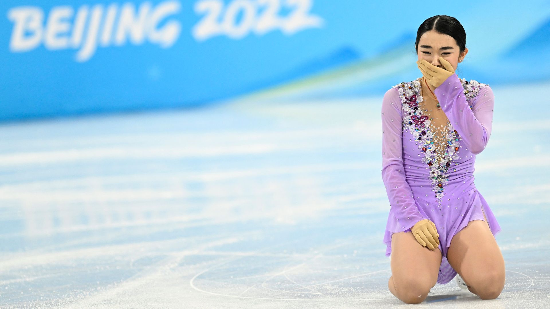 USA's Karen Chen reacts after competing in the women's single skating free skating of the figure skating team event during the Beijing 2022 Winter Olympic Games February 7.