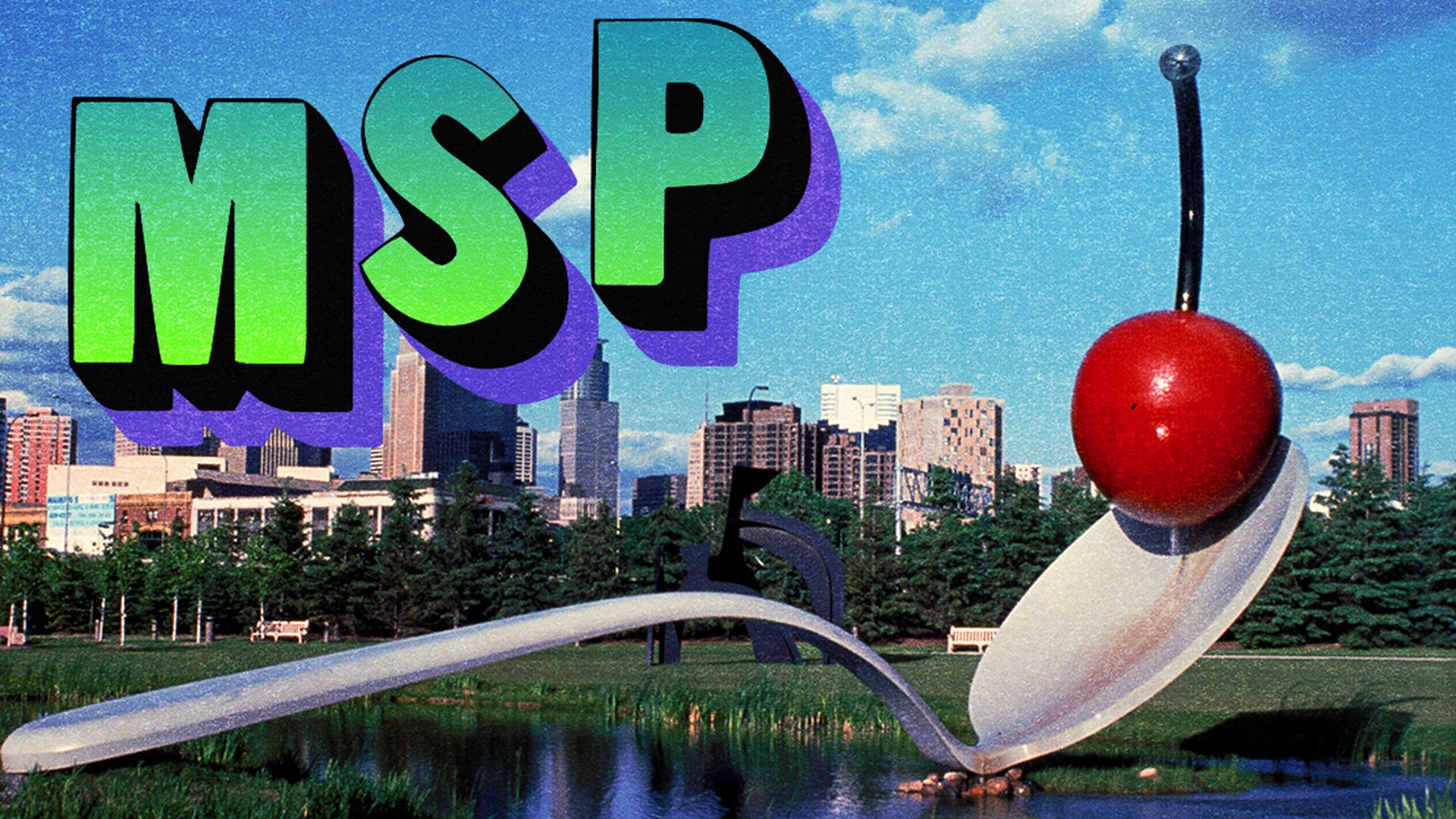 A graphic postcard of the Minneapolis skyline with a sculpture of a giant spoon with a cherry in the foreground and the letters M-S-P in the top left corner.