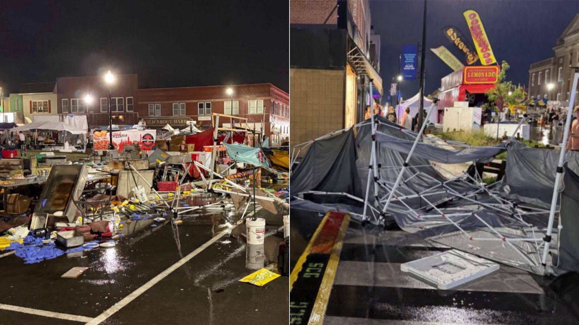 Nighttime street festival wreckage with toppled stalls, scattered debris, and a flooded road; left shows brick buildings, right shows torn tents and a lemonade banner in the background.