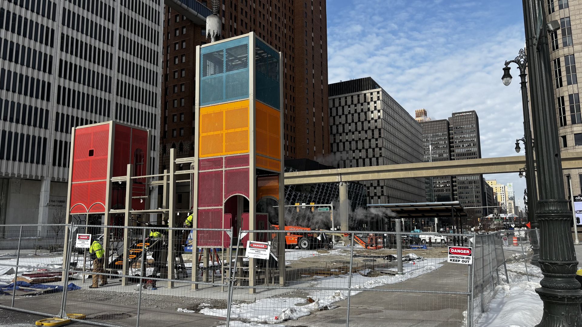 Equipment is installed in a downtown public square that's under construction