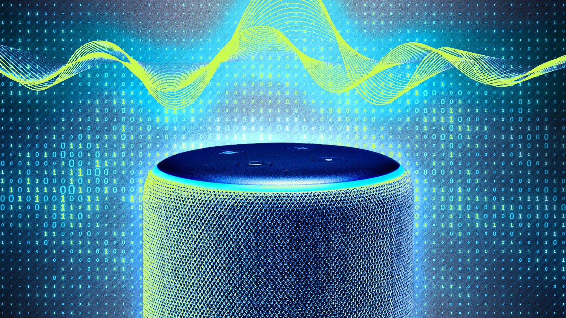 Photo illustration of an Amazon Echo smart speaker on a background with glowing binary code and sound waves.