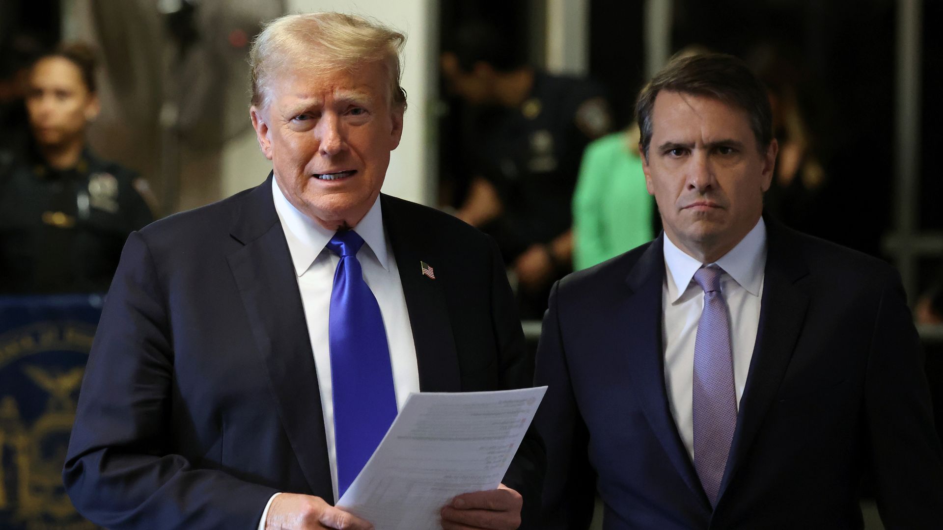 Former President Trump and attorney Todd Blanche outside Manhattan Criminal Court in New York City on Thursday.