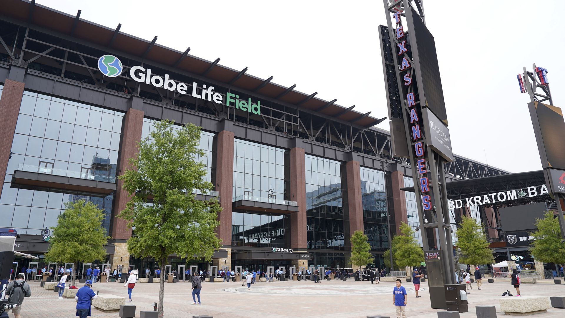 A exterior photo of Globe Life Field from the front of the stadium