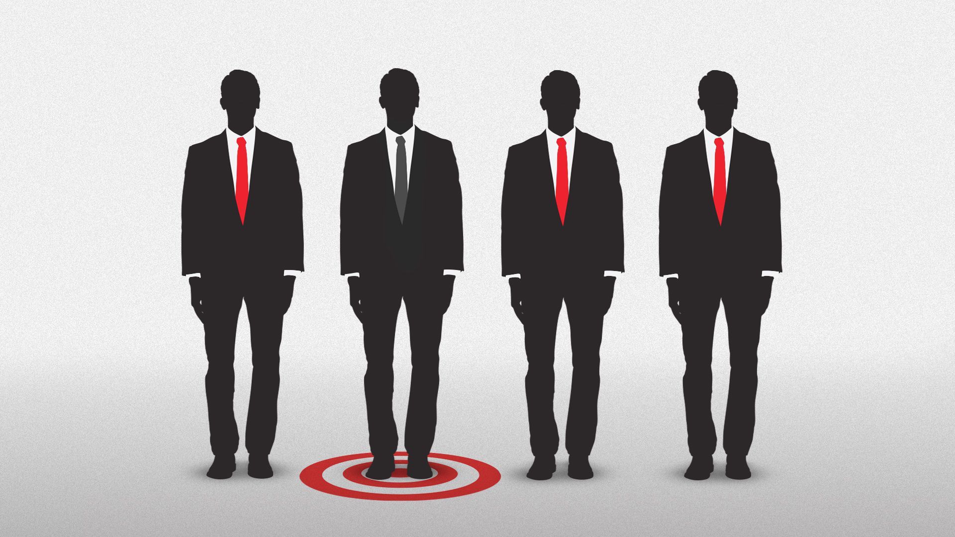 Illustration of four suited business people, all wearing a red tie except for one, the one without a red tie is standing on a red target. 