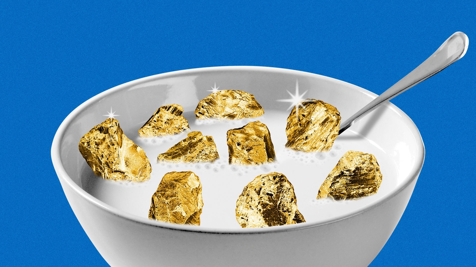 Illustration of a bowl of cereal with gold nuggets in it instead of cereal.