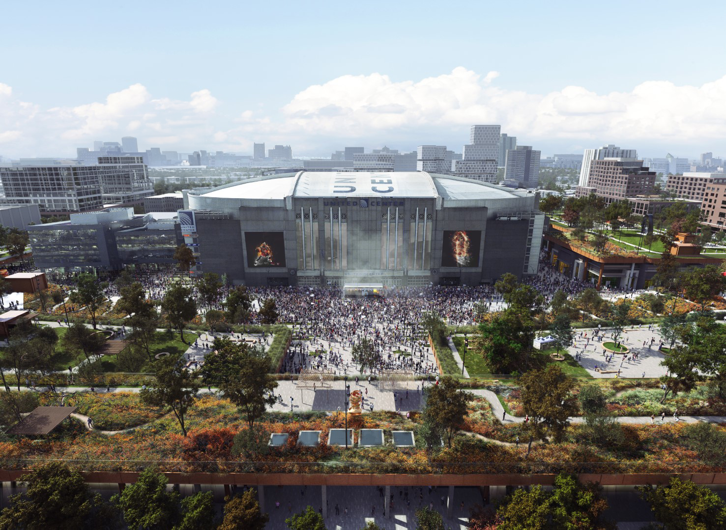 Rendering of people hanging around a stadium 