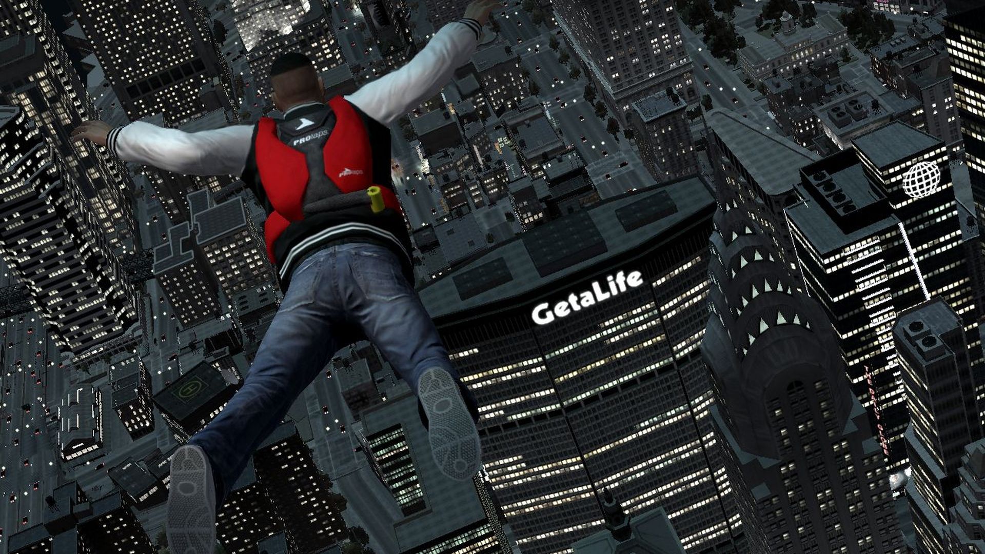 Video game screenshot of a man parachuting over what looks like New York City