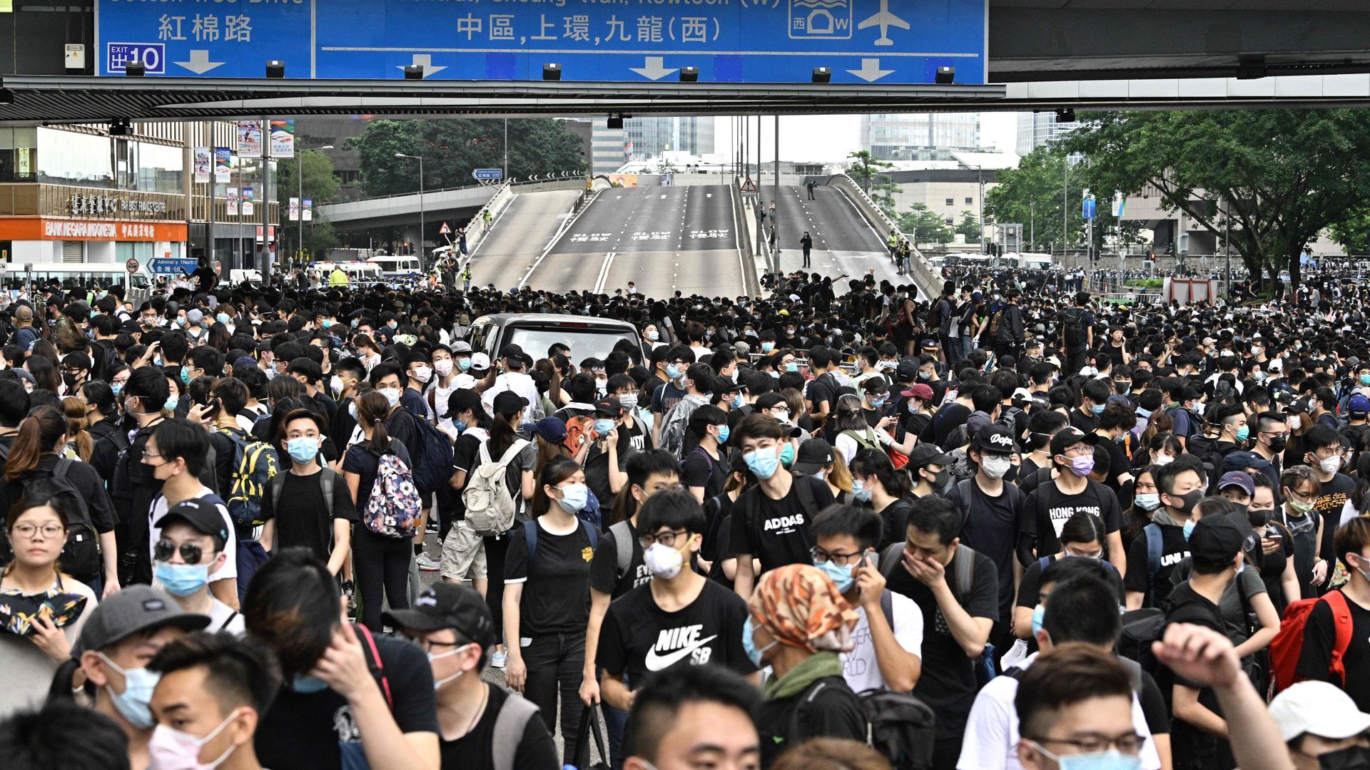 Protestors occupy two main highways near the government headquarters in Hong Kong. 