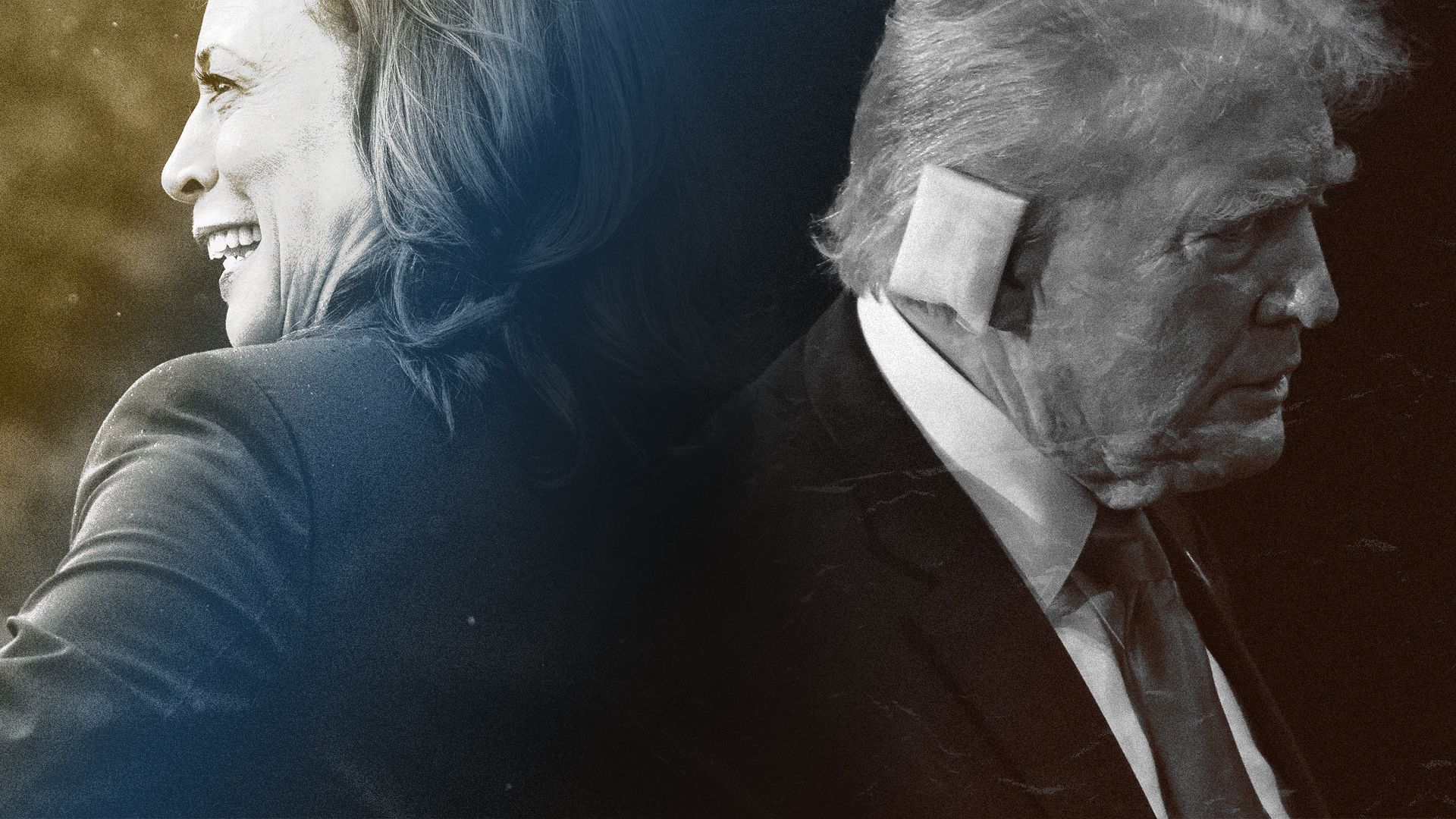 Photo illustration of Kamala Harris and Donald Trump overlaid with abstract textures and colors.