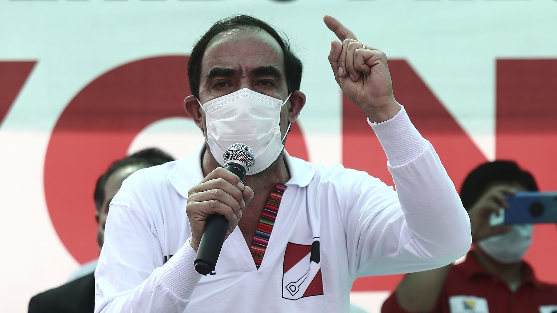 Presidential candidate Yonhy Lescano, who at 12% leads in the polls, during a rally in Lima, Peru. Photo: Alberto Salgado/Getty Images