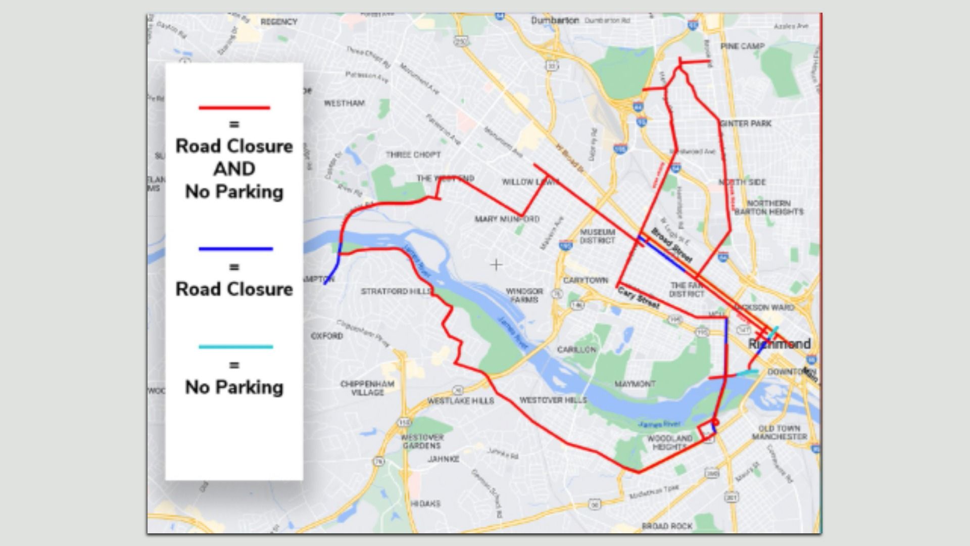 a map of the Richmond marathon street closures 