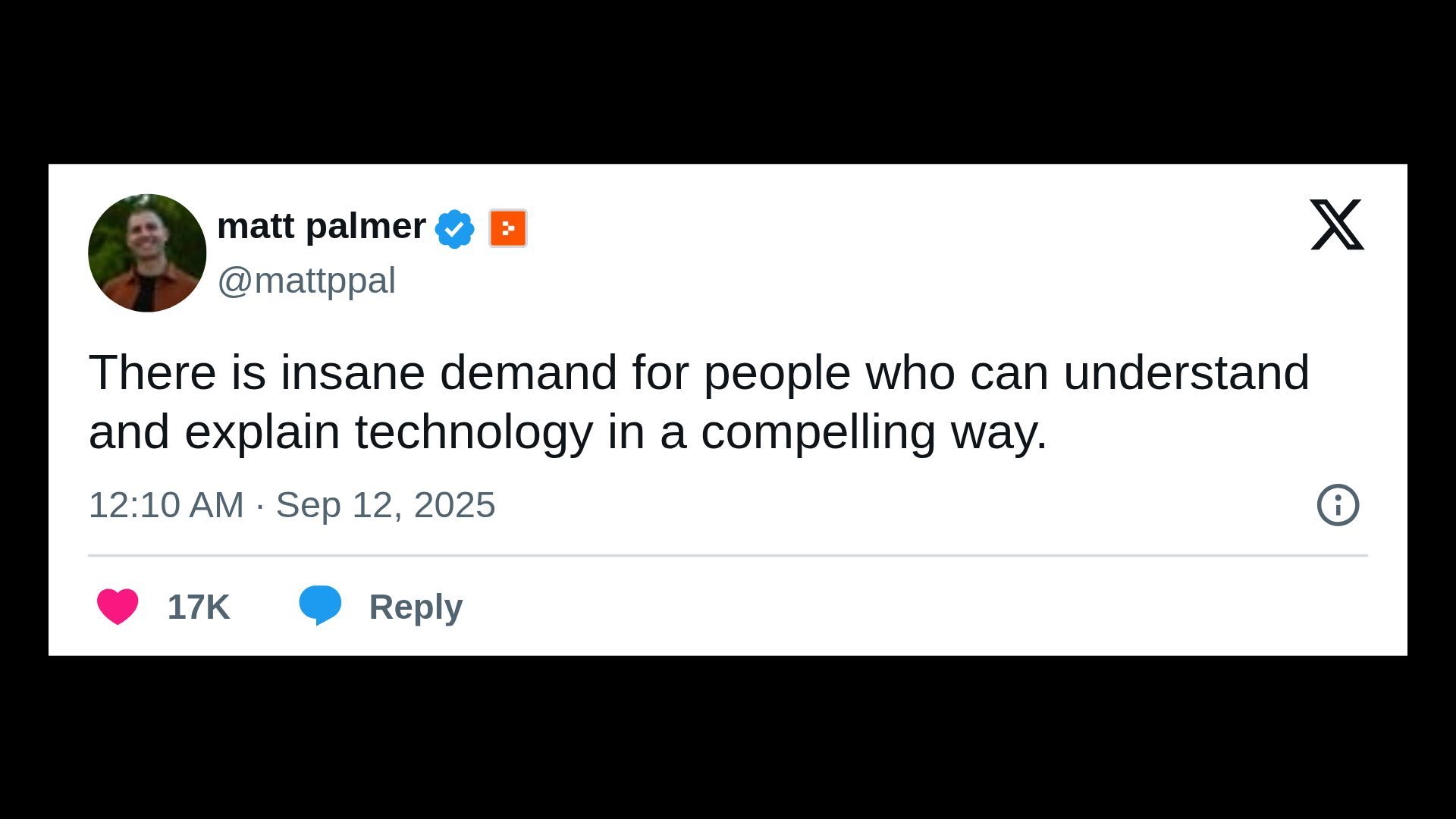Screen shot of tweet from Matt Palmer about the need for compelling tech storytelling