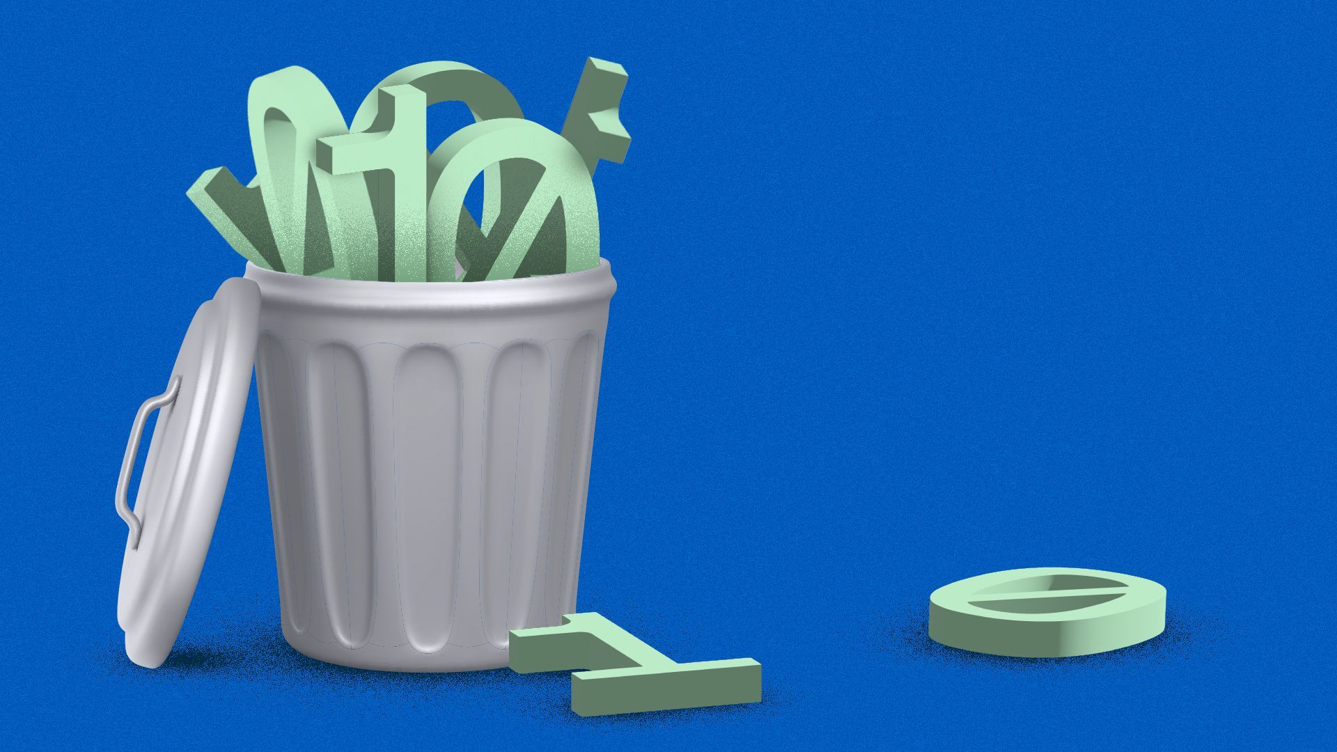 Illustration of a trash bin full of zeros and ones, with a few on the ground around the bin. 