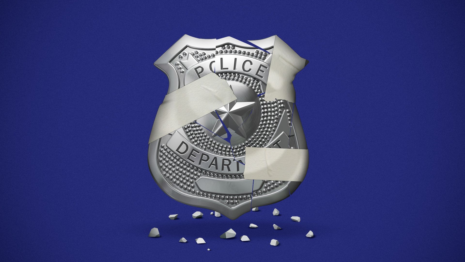Illustration of a police badge in pieces with pieces of tape holding it together. 