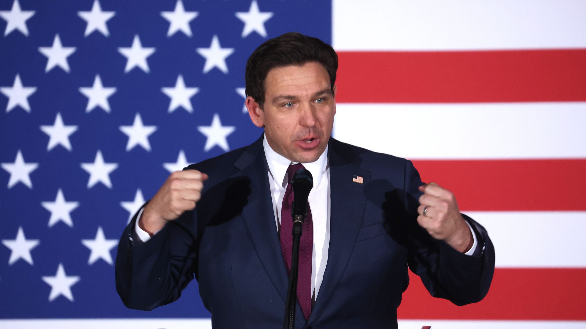  Republican presidential candidate Florida Gov. Ron DeSantis speaks at his caucus night event on January 15, 2024 in West Des Moines, Iowa.