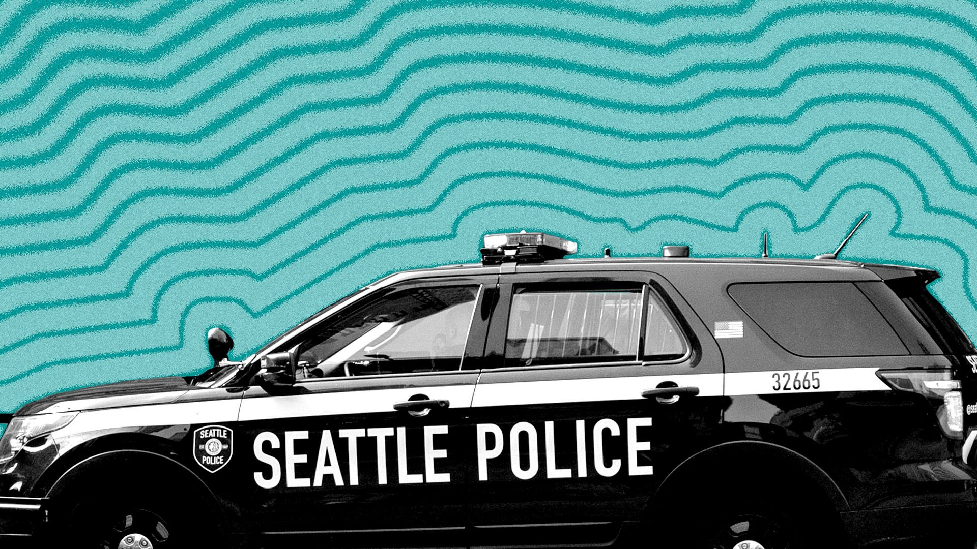 Photo illustration of a Seattle Police cruiser with lines radiating from it.