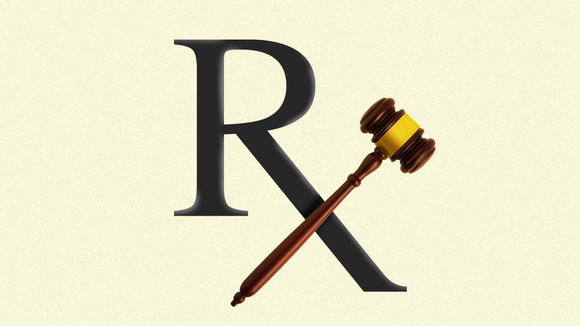 Illustration of the Rx symbol with a gavel as the cross on the "X". 