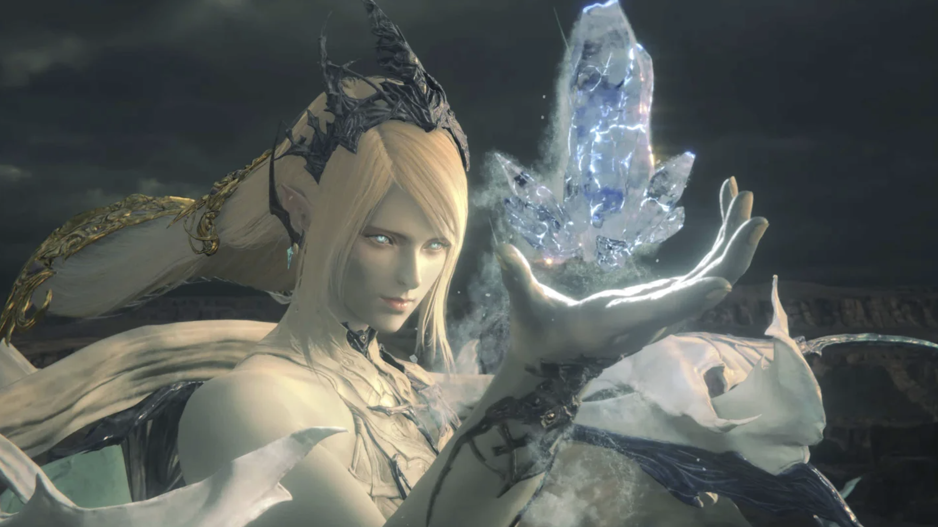 Video game screenshot of a white-skinned goddess holding a blue crystal
