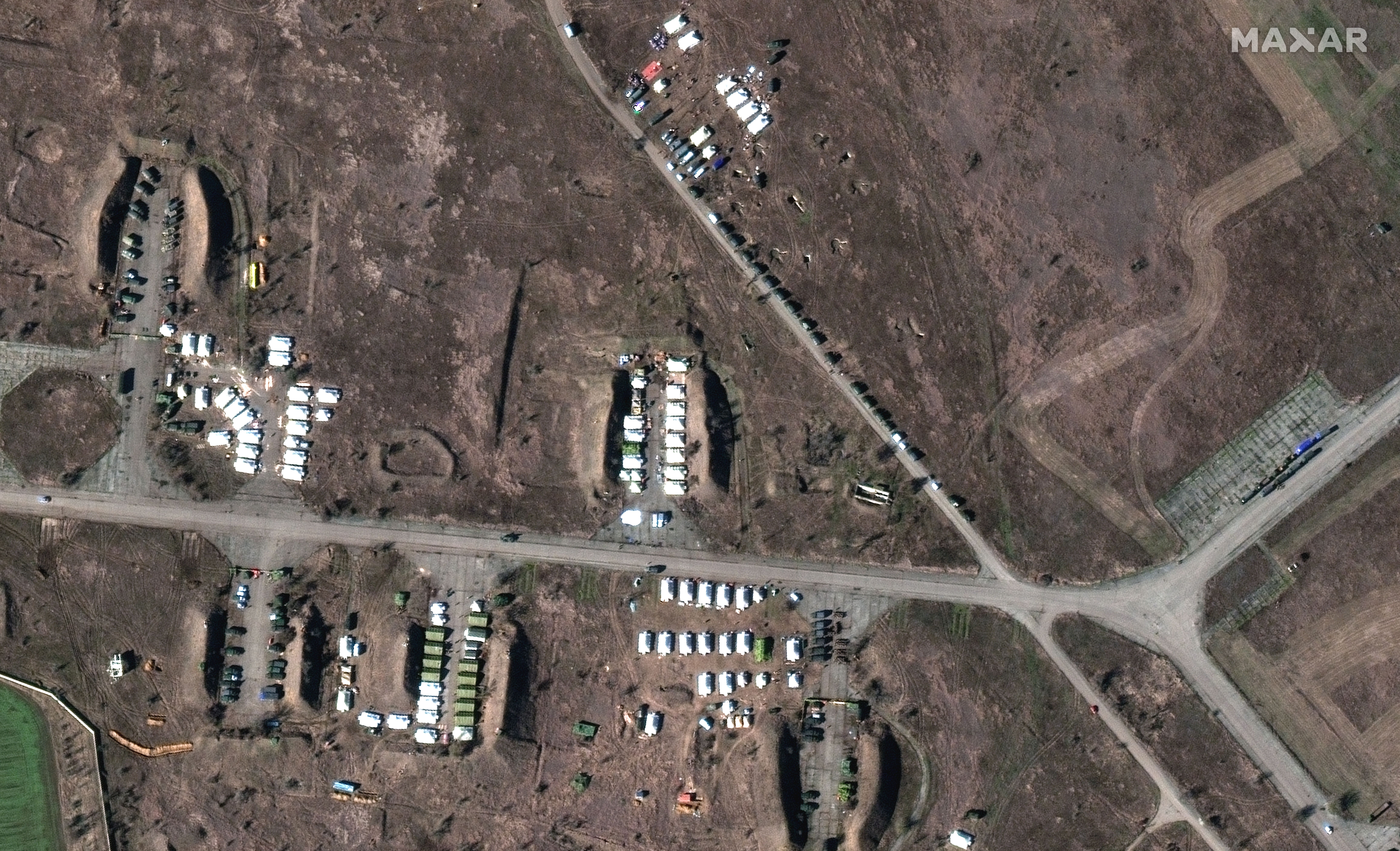 A satellite image of troop tents and other military equipment in central Crimea captured on Feb. 10.