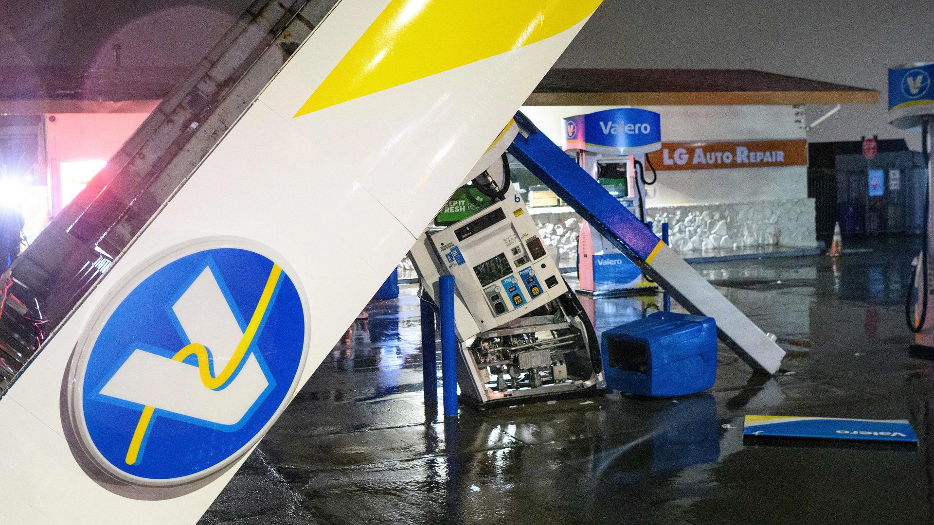 Canopy topples at a South San Francisco Valero gas station. 