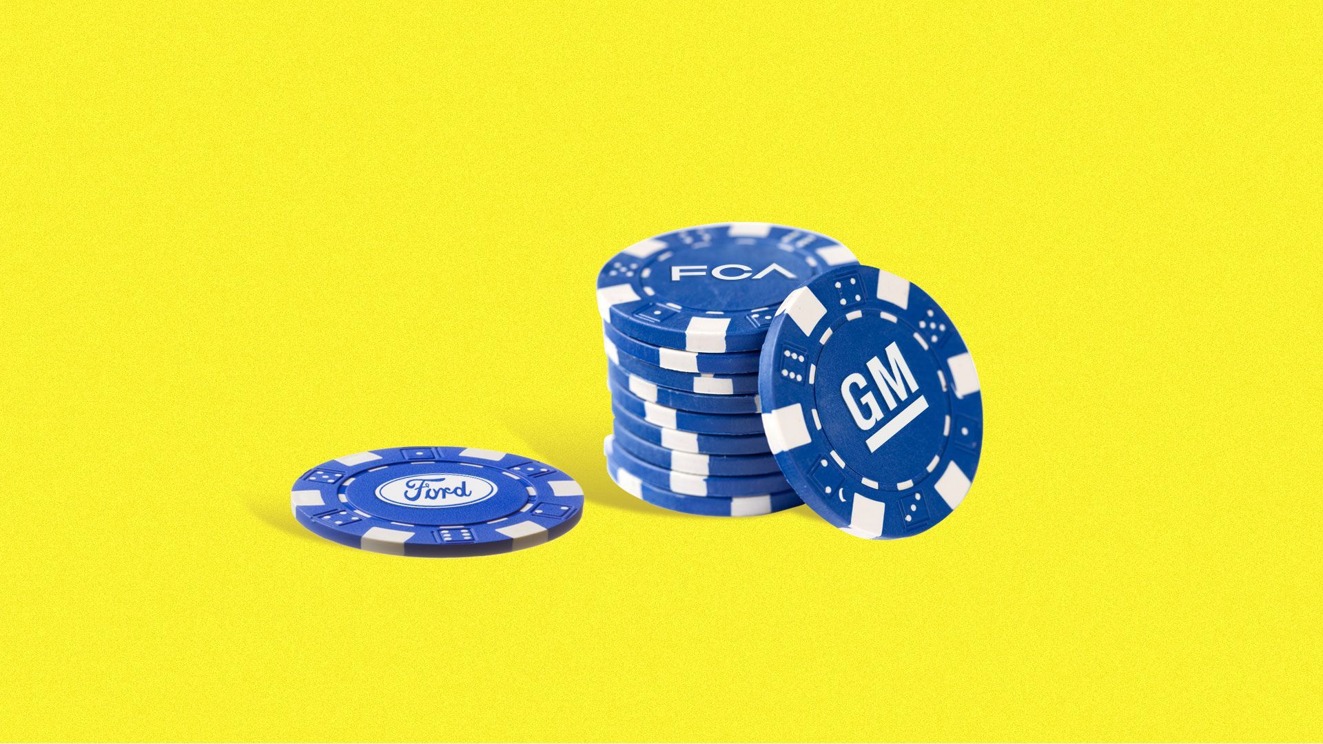 In this illustration, a pile of blue gambling chips have the GM logo on them.