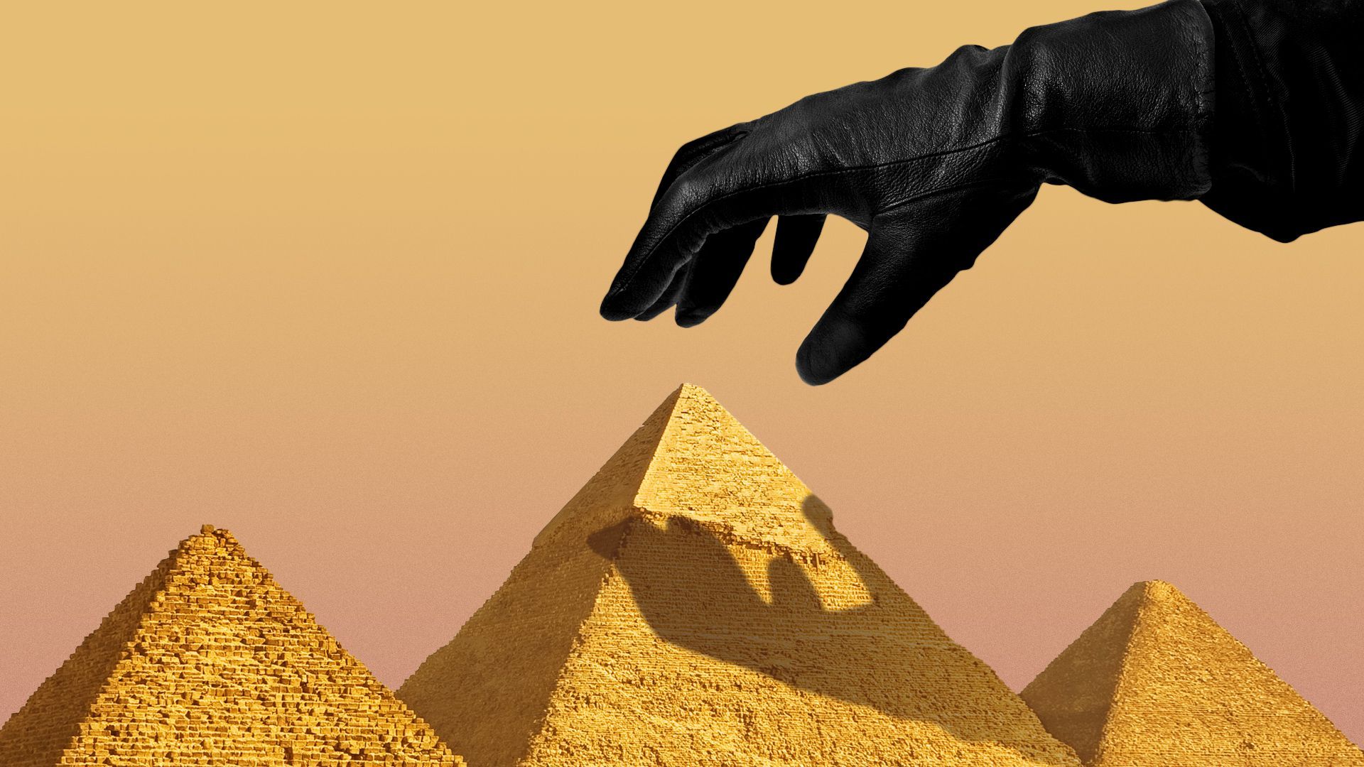 Illustration of a burglar's hand hovering menacingly over the Pyramids of Giza. 