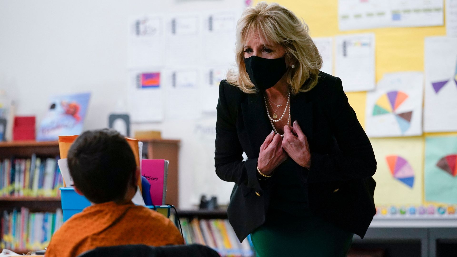 US First Lady Jill Biden speaks with a student in Becky Taylors classroom.