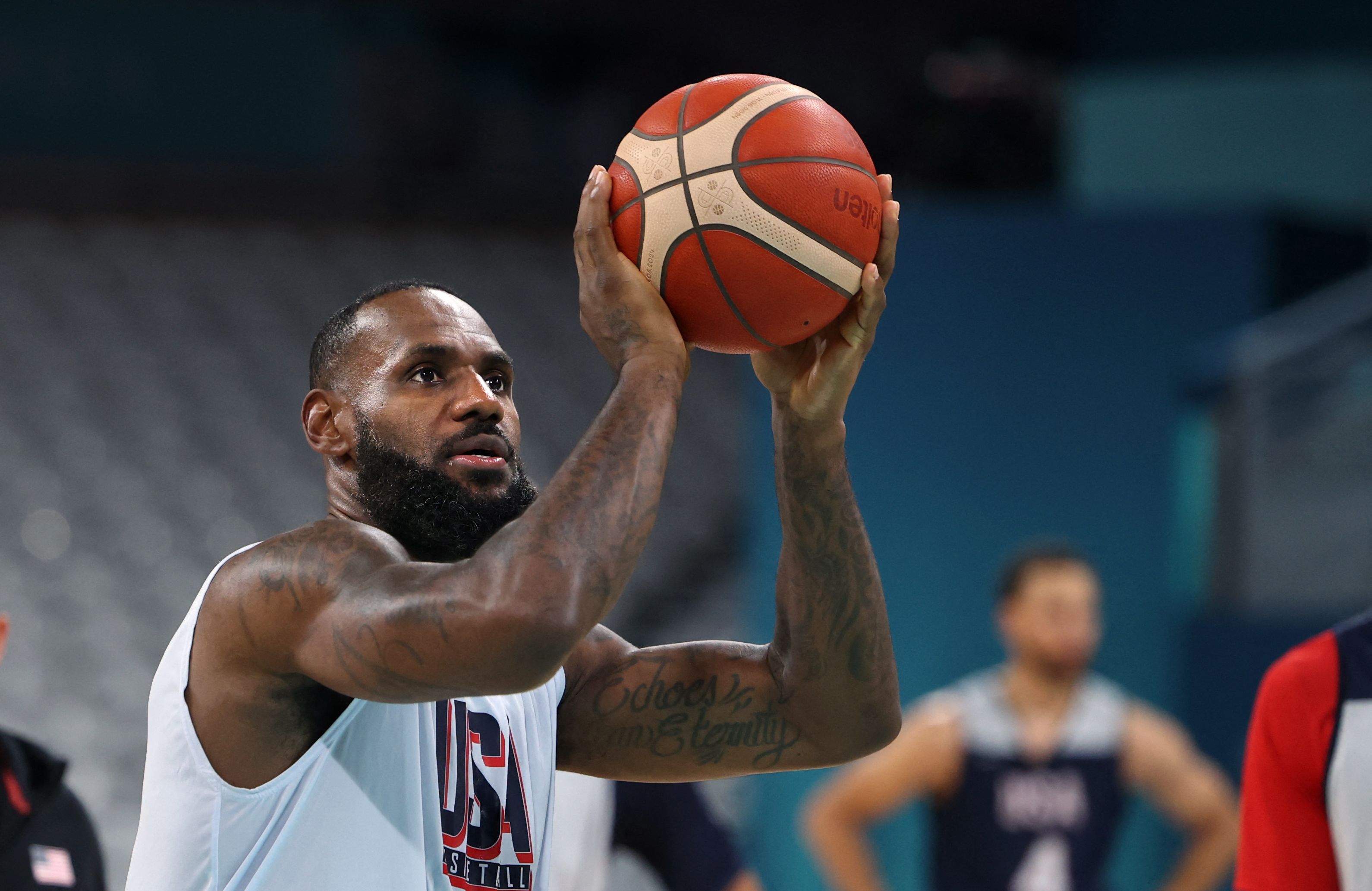 LeBron James takes part in a training session ahead of the Paris 2024 Olympic games