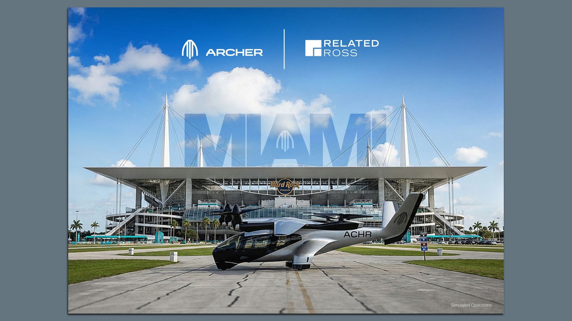 Silver and black Archer Midnight electric aircraft parked on pavement in front of Miami's Hard Rock Stadium under a blue sky with clouds, with Archer and Related Ross logos superimposed on the image. 