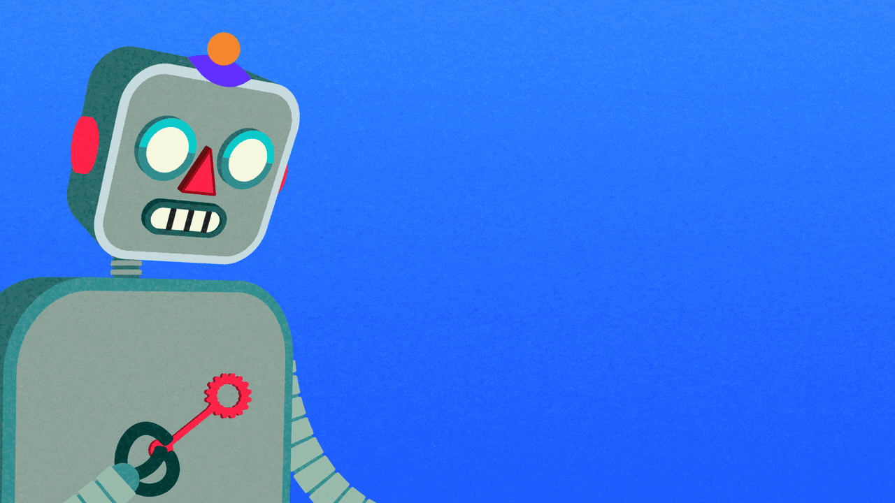 Animated illustration of a robot hanging its head and blowing bubbles.