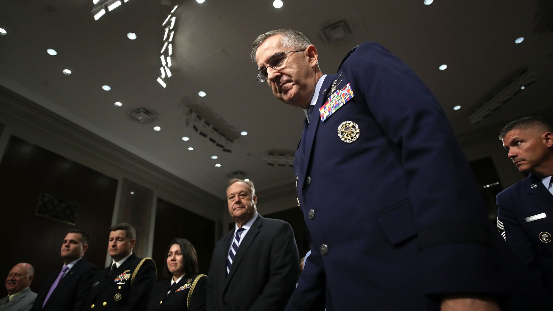 Photo of John Hyten in his military uniform as he arrives for a hearing before the Senate Armed Services Committee