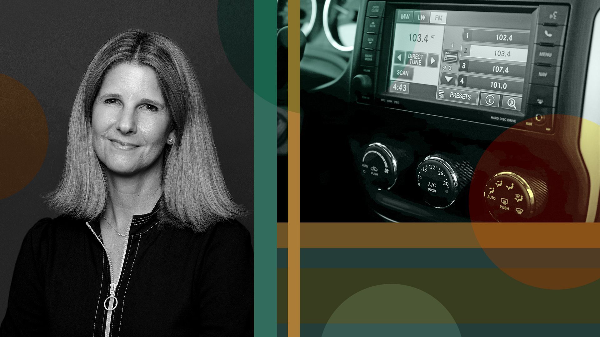 Photo illustration of Jennifer Witz, CEO of SiriusXM with abstract shapes.
